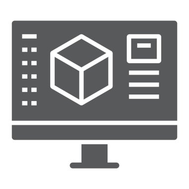 3d tasarım glyph simgesi, model ve bilgisayar, 3d modelleme işareti, vektör grafikler, beyaz bir arka plan üzerinde sağlam bir desen.