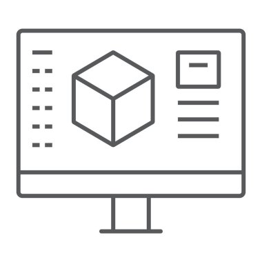 3d tasarım ince çizgi simgesi, model ve bilgisayar, 3d modelleme işareti, vektör grafikleri, beyaz arka plan üzerinde doğrusal bir desen.