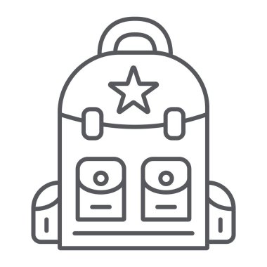 Sırt çantası ince çizgi simgesi, kamp ve seyahat, çanta işareti, vektör grafikleri, beyaz arka plan üzerinde doğrusal bir desen.