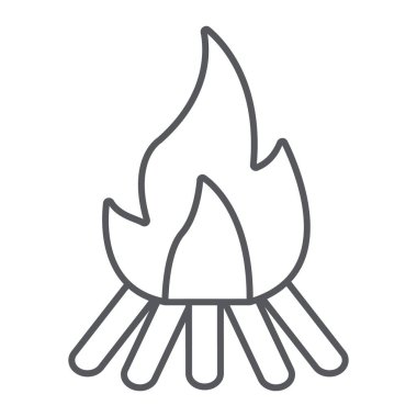 Campfire thin line icon, fire and burn, bonfire sign, vector graphics, a linear pattern on a white background.