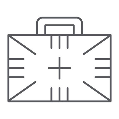 İlk yardım kiti ince çizgi simgesi, kutu ve acil durum, tıbbi vaka işareti, vektör grafikleri, beyaz arka plan üzerinde doğrusal bir desen.