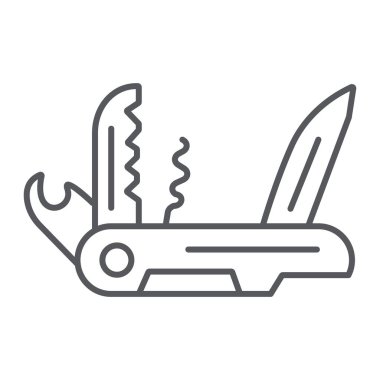 Çok araç ince çizgi simgesi, kamp ve çok fonksiyonlu, çakı işareti, vektör grafikleri, beyaz arka plan üzerinde doğrusal bir desen.