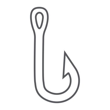 Olta ince çizgi simgesi, balıkçılık ve yem, fishhook set işareti, vektör grafik, beyaz bir arka plan üzerinde doğrusal bir desen.