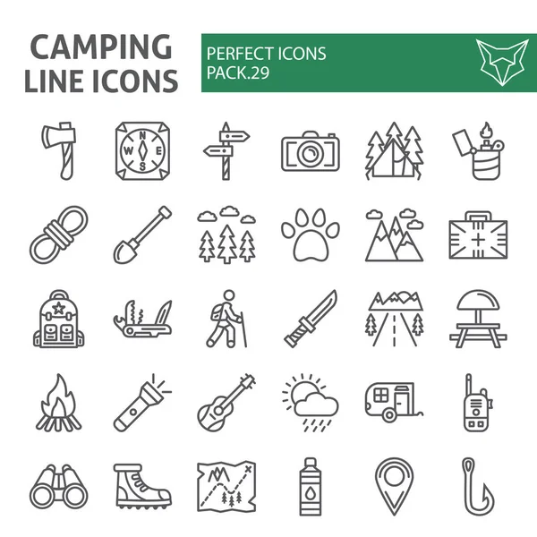 Conjunto de iconos de línea de acampada, colección de símbolos de senderismo, bocetos vectoriales, ilustraciones de logotipos, signos de viaje paquete de pictogramas lineales aislados sobre fondo blanco . — Vector de stock
