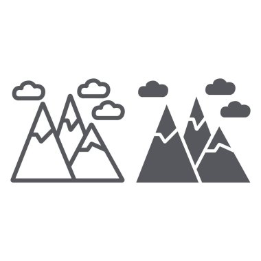 Dağlar çizgi ve glyph simgesi, manzara ve tepe, kaya işareti, vektör grafik, beyaz bir arka plan üzerinde doğrusal desen.
