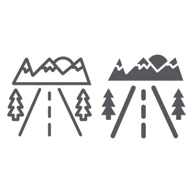 Yol hattı ve glyph simgesi, seyahat ve yol kenarı, otoyol işareti, vektör grafikleri, beyaz arka plan üzerinde doğrusal bir desen.