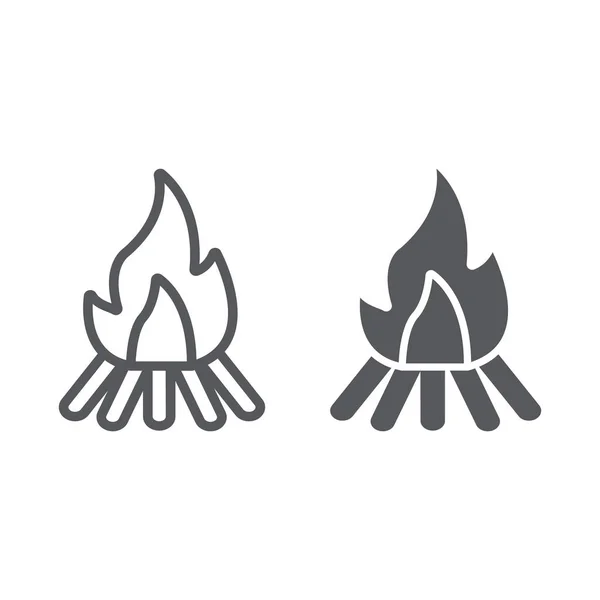 Lagerfeuerlinie und Glyphen-Symbol, Feuer und Verbrennung, Feuerzeichen, Vektorgrafik, ein lineares Muster auf weißem Hintergrund. — Stockvektor