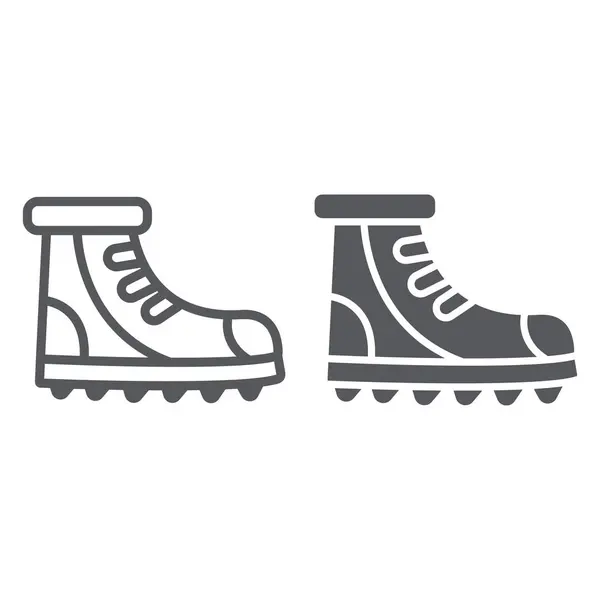 부트 라인 및 문양 아이콘, 신발 및 하이킹, 신발 세트 기호, 벡터 그래픽, 흰색 배경의 선형 패턴. — 스톡 벡터