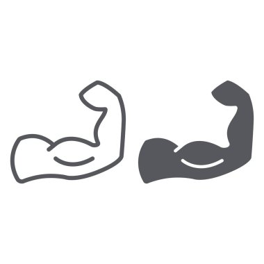 Kaslar çizgi ve glyph simgesi, güç ve vücut geliştirme, kas kol işareti, vektör grafikleri, beyaz bir arka plan üzerinde doğrusal bir desen.