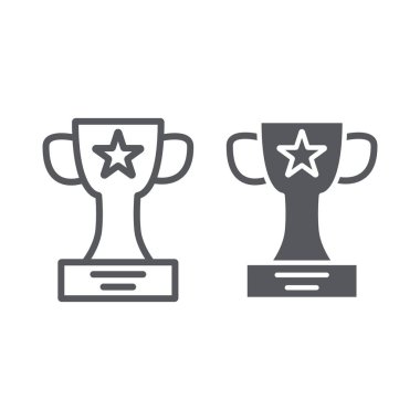 Kazanan kupa çizgisi ve glyph simgesi, şampiyon ve kadeh, ödül işareti, vektör grafikleri, beyaz arkaplanda doğrusal desen.