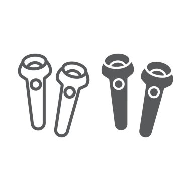 Vr denetleyici hattı ve glyph simgesi, oyun ve oyun, joystick işareti, vektör grafikleri, beyaz arka plan üzerinde doğrusal bir desen.
