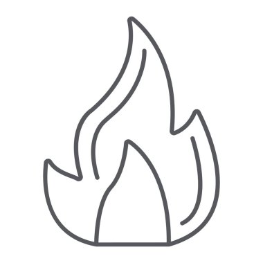 Yangın ince çizgi simgesi, kamp ateşi ve alev, şenlik ateşi işareti, vektör grafikleri, beyaz arka plan üzerinde doğrusal bir desen.