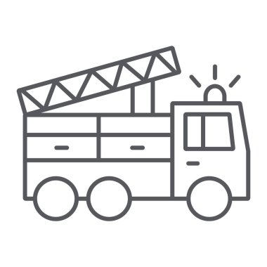 İtfaiye aracı ince hat simgesi, ulaşım ve acil durum, itfaiyeci araba işareti, vektör grafikleri, beyaz arka plan üzerinde doğrusal bir desen.