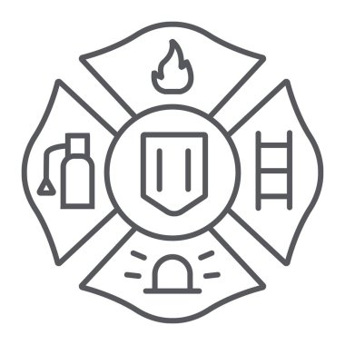 Yangın amblemi ince çizgi simgesi, sembol ve itfaiyeci, yangın rozeti işareti, vektör grafikleri, beyaz arka plan üzerinde doğrusal bir desen.