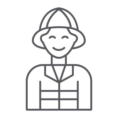 İtfaiyeci ince çizgi simgesi, yangın ve kişi, itfaiyeci işareti, vektör grafikleri, beyaz arka plan üzerinde doğrusal bir desen.