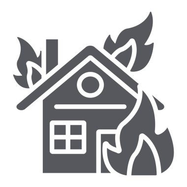House on fire glyph simgesi, yanık ve kaza, yanan ev işareti, vektör grafikleri, beyaz bir arka plan üzerinde sağlam bir desen.