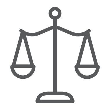 Hukuk ölçekler çizgi simgesi, adalet ve hukuk, denge işareti, vektör grafikler, beyaz bir arka plan üzerinde doğrusal bir desen.
