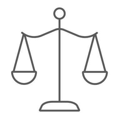 Hukuk ölçekler ince çizgi simgesi, adalet ve hukuk, denge işareti, vektör grafikler, beyaz bir arka plan üzerinde doğrusal bir desen.