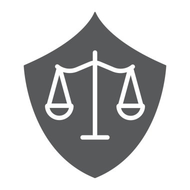 Savunma glyph simgesi, hukuk ve adalet, kalkan işareti, vektör grafik, beyaz bir arka plan üzerinde sağlam bir desen.