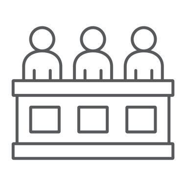 Jüri ince çizgi simgesi, mahkeme ve hukuk, mahkeme işareti, vektör grafikleri, beyaz arka plan üzerinde doğrusal bir desen.