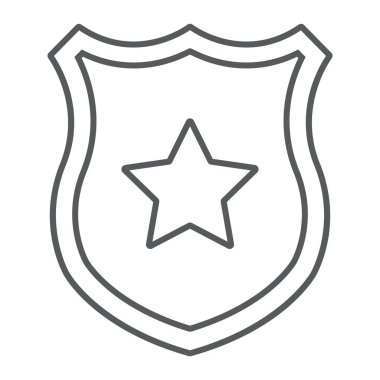 Polis rozeti ince çizgi simgesi, memur ve hukuk, yıldız işareti ile kalkan, vektör grafikleri, beyaz bir arka plan üzerinde doğrusal bir desen.