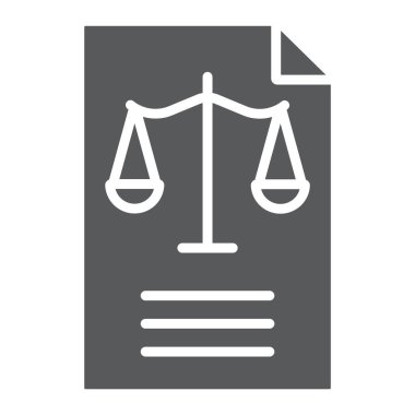 Yasal belge glyph simgesi, yasa ve kağıt, beyan işareti, vektör grafikleri, beyaz bir arka plan üzerinde sağlam bir desen.