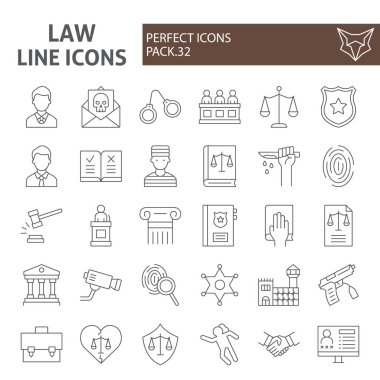 Hukuk ince çizgi simge seti, adalet sembolleri toplama, vektör skeçler, logo çizimler, hukuk işaretleri doğrusal pictograms paketi beyaz arka plan izole.