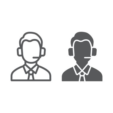 Futbol yorumcusu hattı ve glyph simgesi, spor ve duyuru, maç yorumcu işareti, vektör grafikleri, beyaz bir arka plan üzerinde doğrusal bir desen.