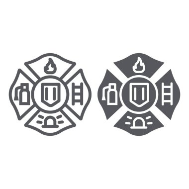 Yangın amblemi hattı ve glyph simgesi, sembol ve itfaiyeci, yangın rozeti işareti, vektör grafikleri, beyaz arka plan üzerinde doğrusal bir desen.