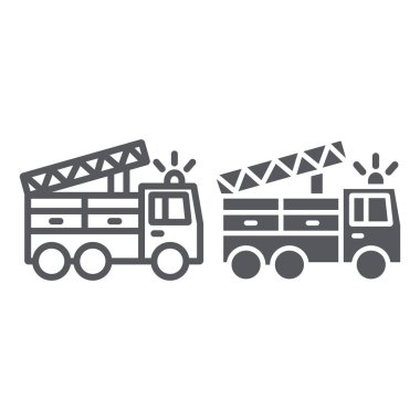 İtfaiye kamyonu hattı ve glyph simgesi, ulaşım ve acil durum, itfaiyeci araba işareti, vektör grafikleri, beyaz arka plan üzerinde doğrusal bir desen.