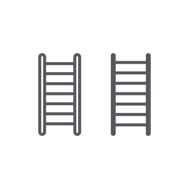Merdiven çizgisi ve glyph simgesi, merdiven ve tırmanma, yangın merdiveni işareti, vektör grafikleri, beyaz arka plan üzerinde doğrusal desen.