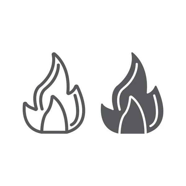 Ateş hattı ve glyph simgesi, kamp ateşi ve alev, şenlik ateşi işareti, vektör grafikleri, beyaz arka plan üzerinde doğrusal bir desen. — Stok Vektör