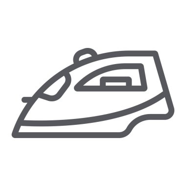 Demir çizgi simgesi, cihaz ve ev, buharlı ütü işareti, vektör grafikleri, beyaz arka plan üzerinde doğrusal bir desen.