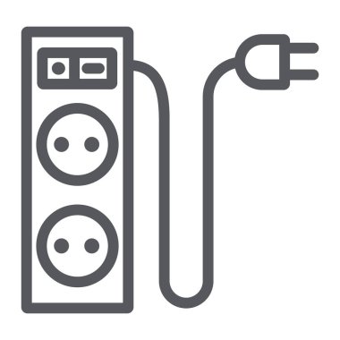 Elektrik uzatma hattı simgesi, enerji ve fiş, soket işareti, vektör grafikleri, beyaz arka plan üzerinde doğrusal desen.