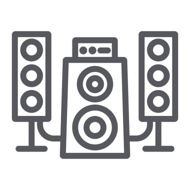 Hoparlör sistem simgesi, ses ve hoparlör, müzik sistemi işareti, vektör grafikleri, beyaz arka plan üzerinde doğrusal desen.