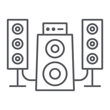 Hoparlör sistemi ince çizgi simgesi, ses ve hoparlör, müzik sistemi işareti, vektör grafikleri, beyaz arka plan üzerinde doğrusal bir desen.