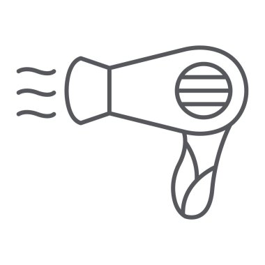 Saç kurutma makinesi ince çizgi simgesi, berber ve cihaz, blowdryer işareti, vektör grafikler, beyaz bir arka plan üzerinde doğrusal desen.