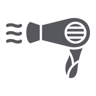 Saç kurutma makinesi glyph simgesi, berber ve cihaz, blowdryer işareti, vektör grafik, beyaz bir arka plan üzerinde sağlam bir desen.