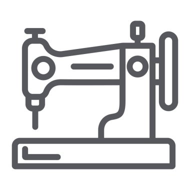 Dikiş makinesi çizgi simgesi, hobi ve el sanatları, ev işareti, vektör grafikleri, beyaz arka plan üzerinde doğrusal bir desen.