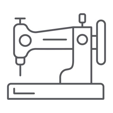 Dikiş makinesi ince çizgi simgesi, hobi ve el sanatları, ev işareti, vektör grafikleri, beyaz arka plan üzerinde doğrusal bir desen.