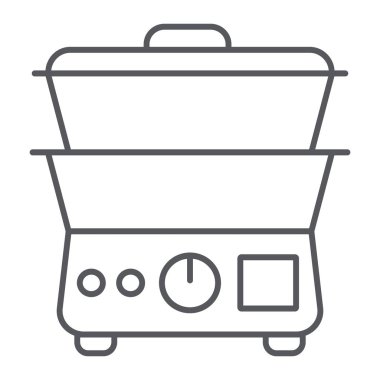Çift kazan ince çizgi simgesi, mutfak ve aletleri, ocak işareti, vektör grafik, beyaz bir arka plan üzerinde doğrusal desen.