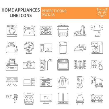 Ev aletleri ince çizgi simge seti, ev sembolleri toplama, vektör çizimleri, logo çizimleri, mutfak eşyaları işaretleri doğrusal pictograms paketi beyaz arka plan üzerinde izole.