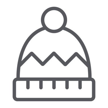 Kışlık şapka çizgisi simgesi, giysi ve aksesuar, sıcak başlık işareti, vektör grafikleri, beyaz arkaplan üzerinde doğrusal desen.