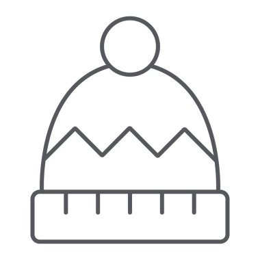 Kış şapka ince çizgi simgesi, giysi ve aksesuar, sıcak başlık işareti, vektör grafikleri, beyaz arkaplan üzerinde doğrusal desen.