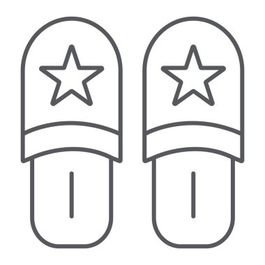 Terlik ince çizgi simgesi, giysi ve gecelik, ayakkabı işareti, vektör grafik, beyaz bir arka plan üzerinde doğrusal bir desen.