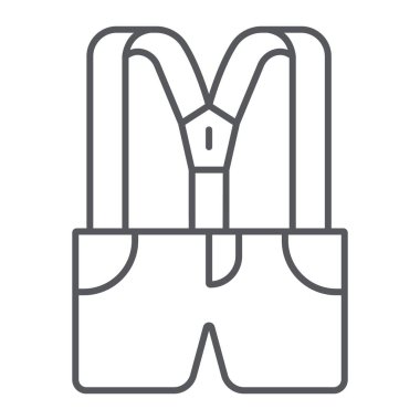 Pantolon ince çizgi simgesi, giysi ve aksesuar, tulum işareti, vektör grafik, beyaz bir arka plan üzerinde doğrusal desen ile Askıları.