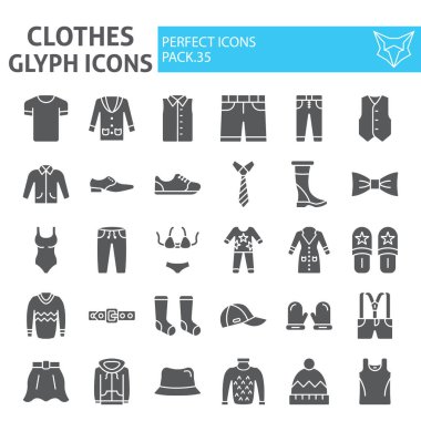 Giysi glyph simge seti, giyim sembolleri toplama, vektör skeçler, logo çizimler, beyaz arka plan üzerinde izole işaretleri katı piktogramlar paketi aşınma.