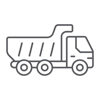 Damperli kamyon ince çizgi simgesi, taşıma ve otomobil, damperli kamyon işareti, vektör grafikleri, beyaz arka plan üzerinde doğrusal bir desen.