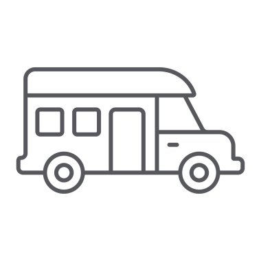 Motorhome ince çizgi simgesi, taşıma ve otomatik, römork işareti, vektör grafikleri, beyaz arka plan üzerinde doğrusal bir desen.