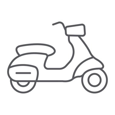 Scooter ince çizgi simgesi, taşıma ve sürücü, motosiklet işareti, vektör grafikleri, beyaz arka plan üzerinde doğrusal bir desen.